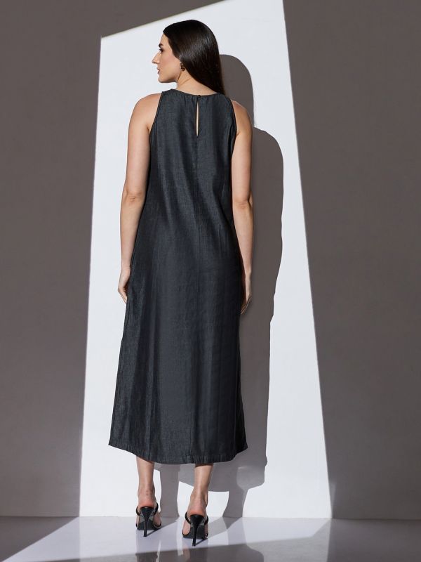 Globus Women Black Round Neck Sleeveless Solid Side Slit Midi A-Line Denim Dress