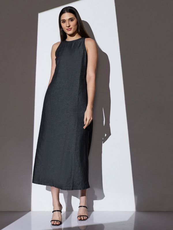 Globus Women Black Round Neck Sleeveless Solid Side Slit Midi A-Line Denim Dress