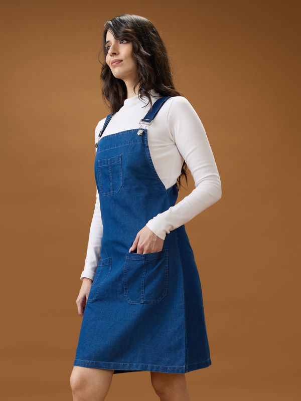 Globus Women Med Blue Square Neck Strappy Shoulder Solid Pocket Detail Above Knee Dungaree Dress