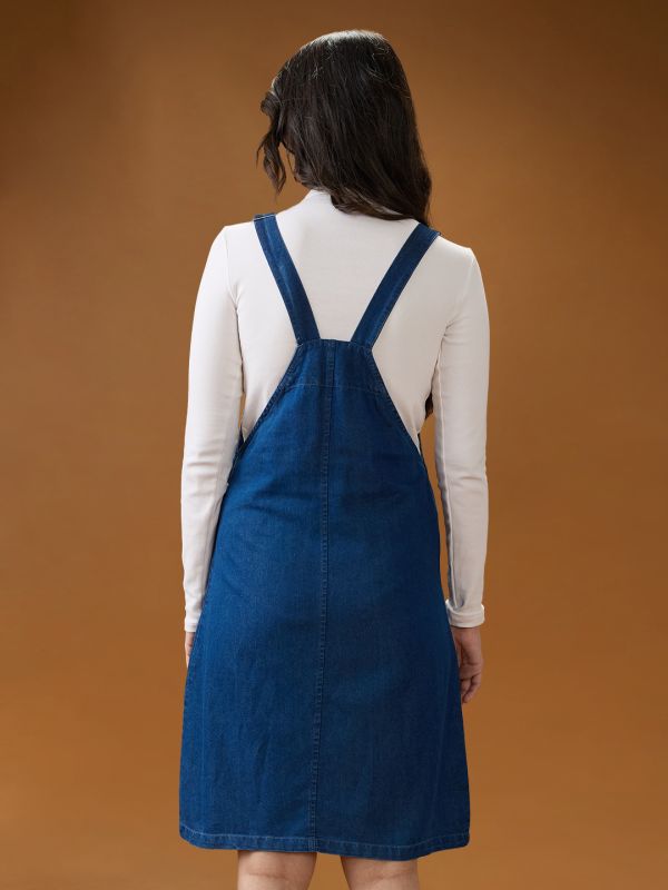 Globus Women Med Blue Square Neck Strappy Shoulder Solid Pocket Detail Above Knee Dungaree Dress