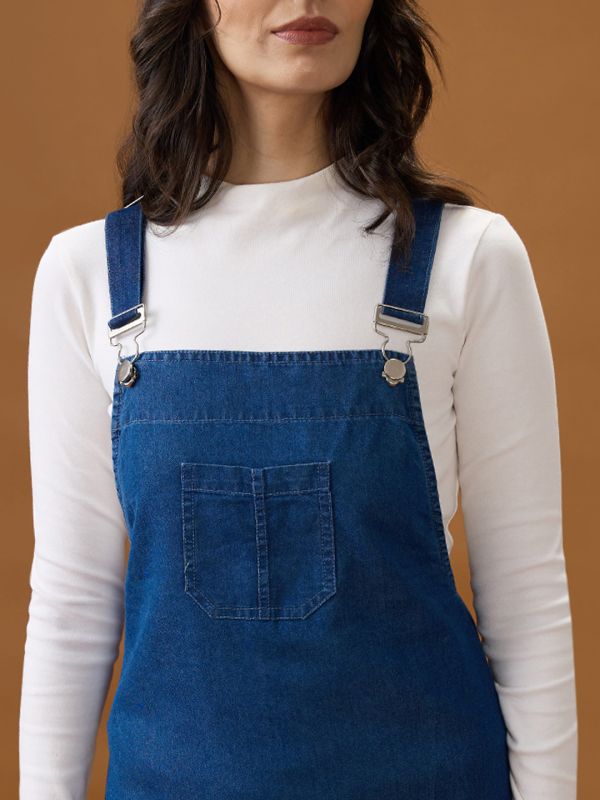 Globus Women Med Blue Square Neck Strappy Shoulder Solid Pocket Detail Above Knee Dungaree Dress