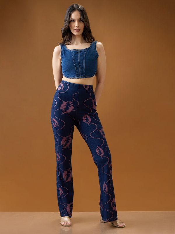 Globus Women Dark Blue Abstract Print Mid Rise Stretchable Bootcut Denim Trousers