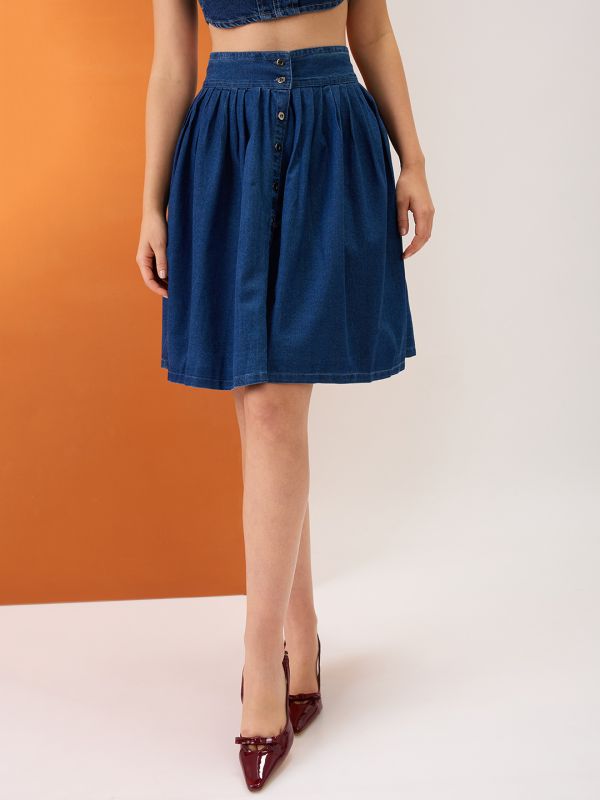 Globus Women Med Blue High-Rise Pleated Button-Down Above Knee Flared Denim Skirt