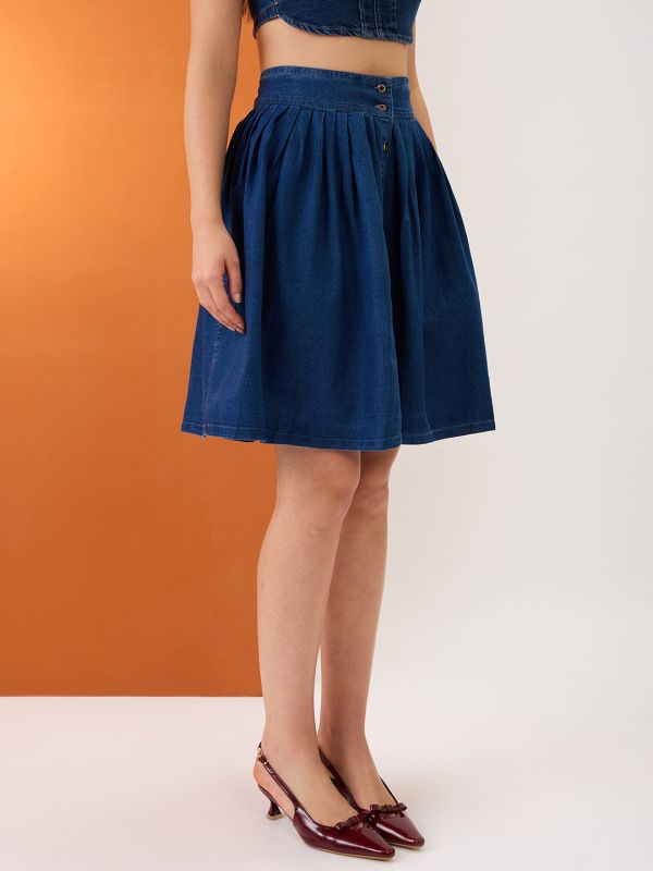 Globus Women Med Blue High-Rise Pleated Button-Down Above Knee Flared Denim Skirt