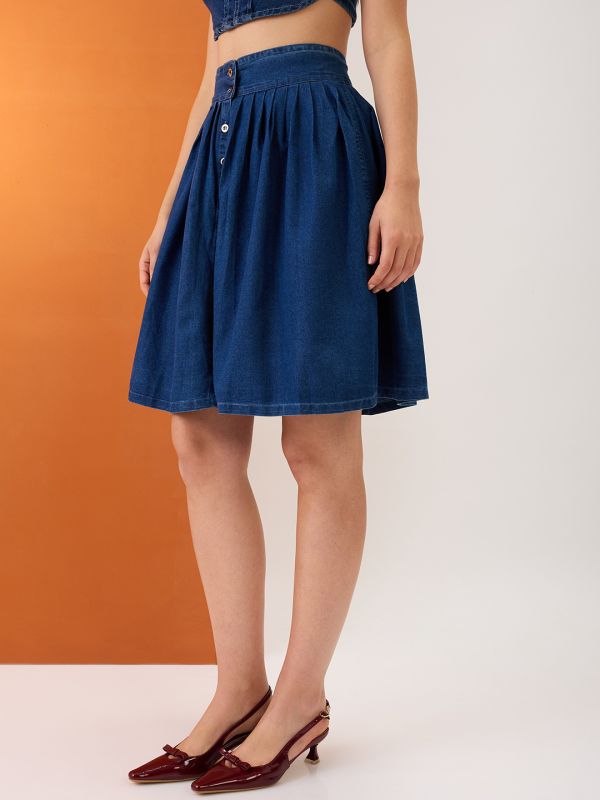Globus Women Med Blue High-Rise Pleated Button-Down Above Knee Flared Denim Skirt