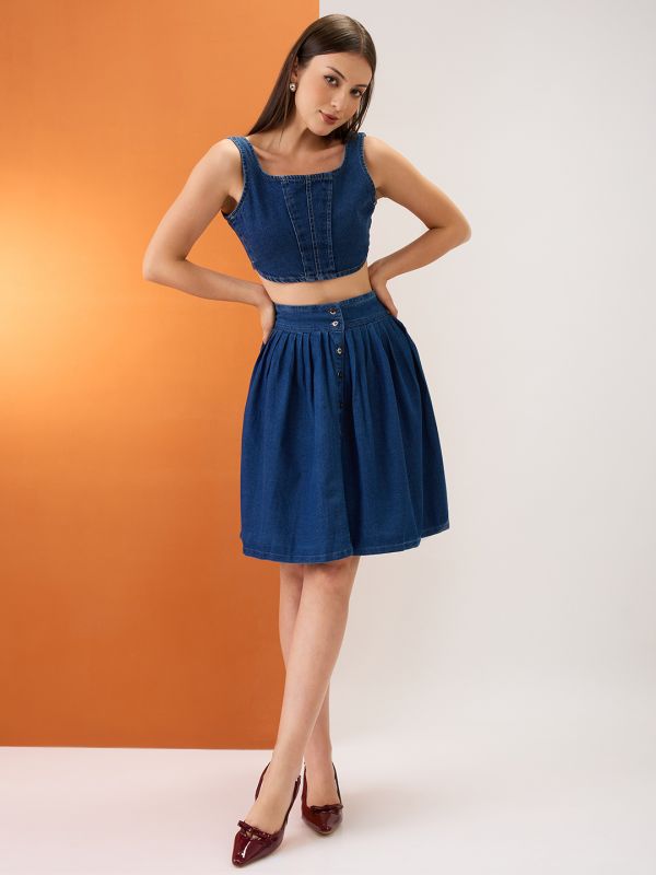 Globus Women Med Blue High-Rise Pleated Button-Down Above Knee Flared Denim Skirt