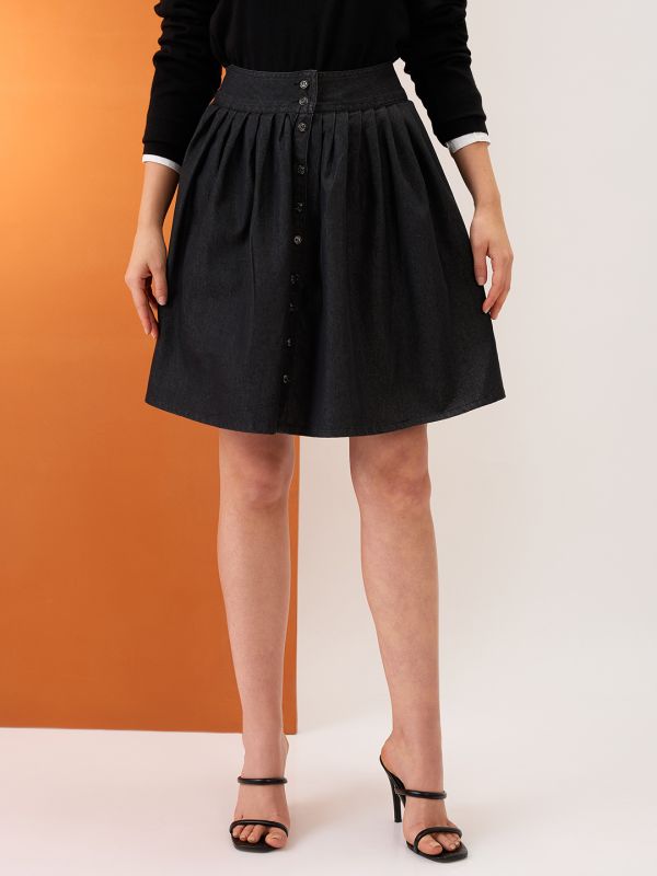 Globus Women Black High-Rise Pleated Button-Down Above Knee Flared Denim Skirt