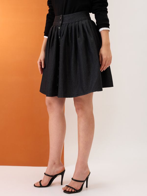 Globus Women Black High-Rise Pleated Button-Down Above Knee Flared Denim Skirt