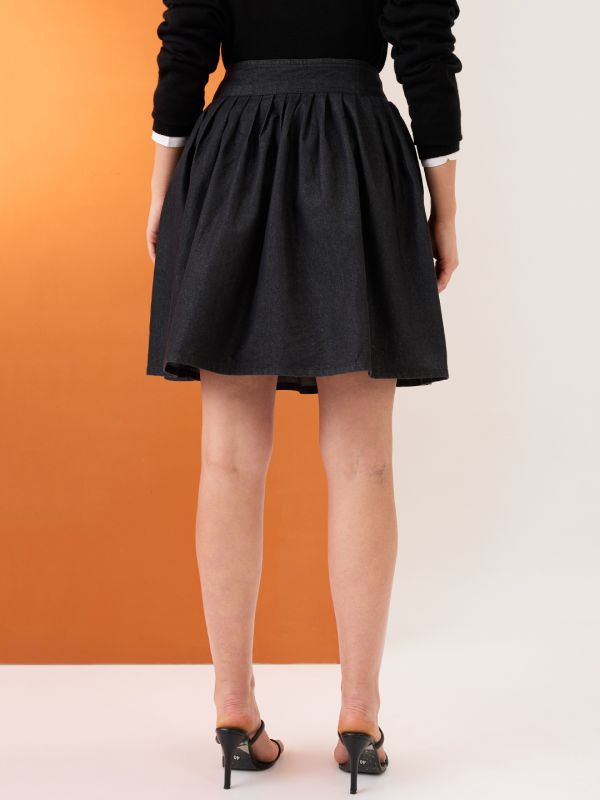 Globus Women Black High-Rise Pleated Button-Down Above Knee Flared Denim Skirt