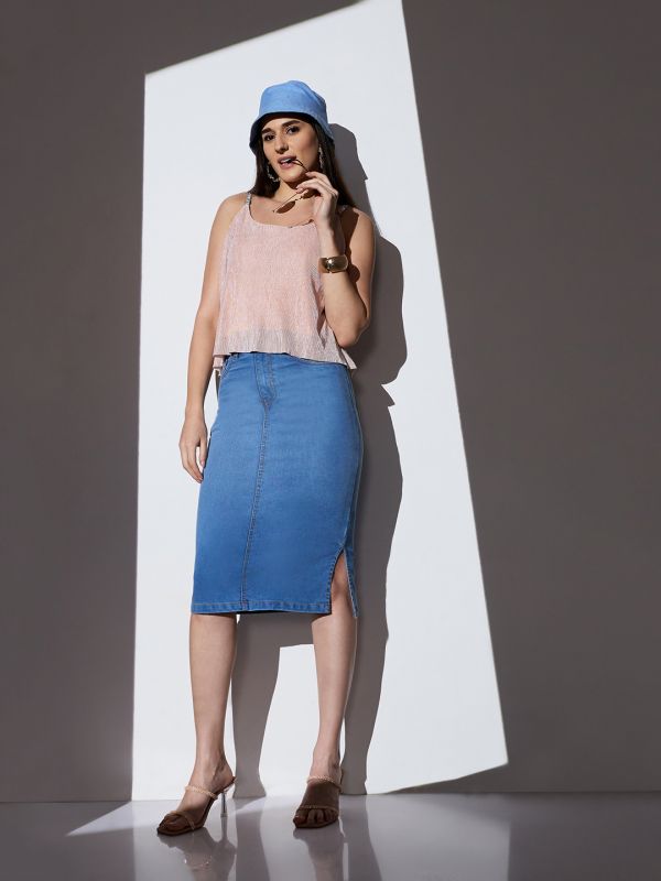 Globus Women Turquoise Blue Mid-Rise Solid Side Slit Midi Pencil Denim Skirt