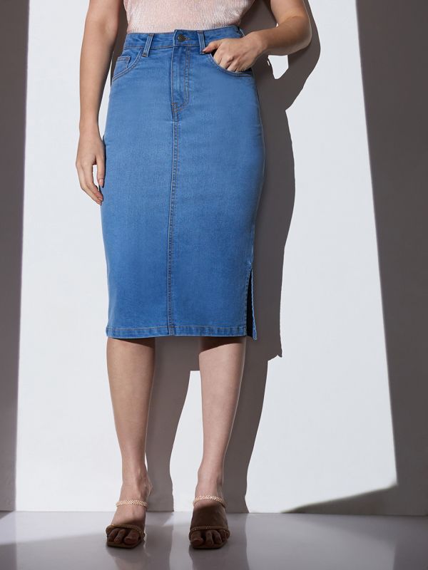 Globus Women Turquoise Blue Mid-Rise Solid Side Slit Midi Pencil Denim Skirt