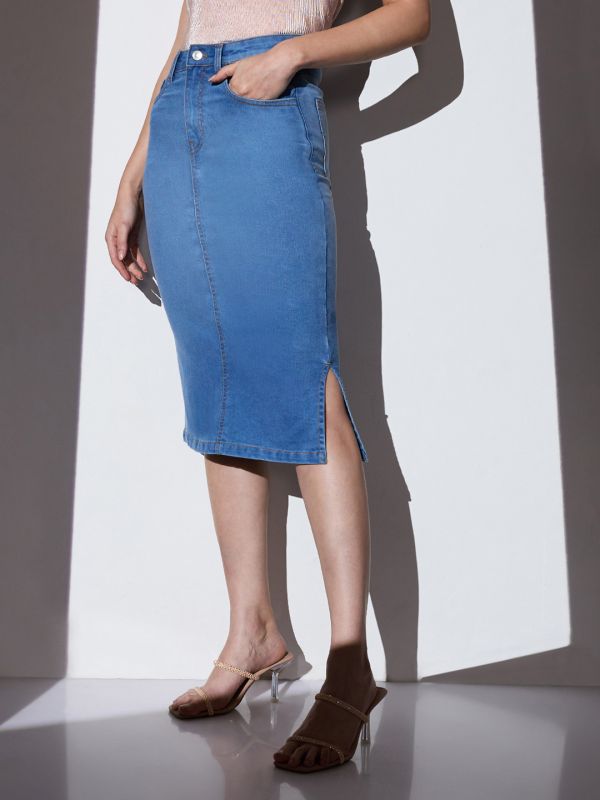 Globus Women Turquoise Blue Mid-Rise Solid Side Slit Midi Pencil Denim Skirt