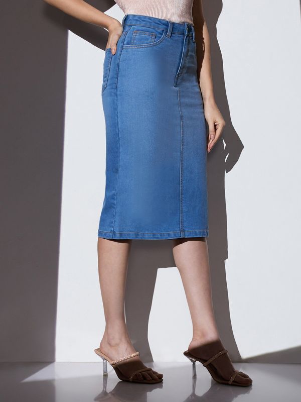 Globus Women Turquoise Blue Mid-Rise Solid Side Slit Midi Pencil Denim Skirt