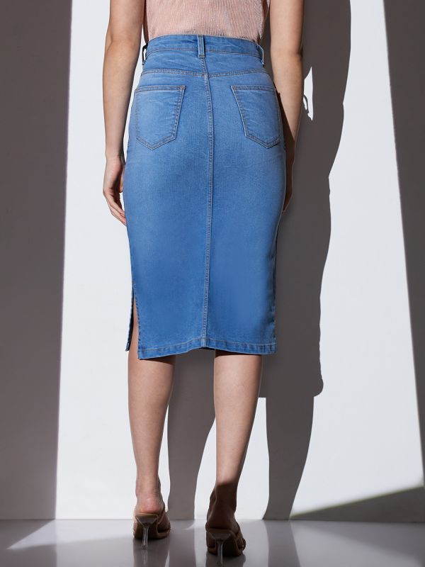 Globus Women Turquoise Blue Mid-Rise Solid Side Slit Midi Pencil Denim Skirt