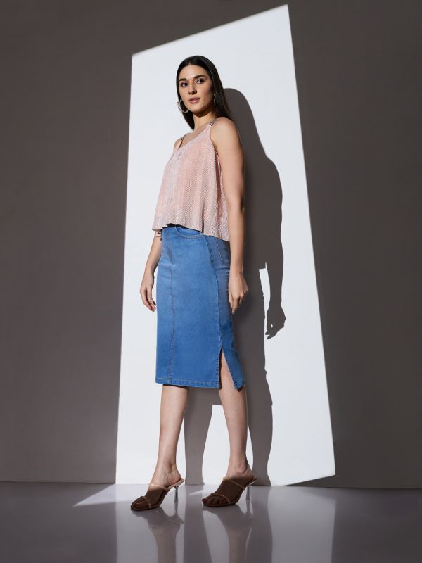 Globus Women Turquoise Blue Mid-Rise Solid Side Slit Midi Pencil Denim Skirt
