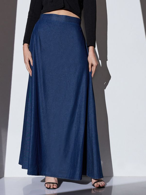 Globus Women Med Blue Mid-Rise Solid A-Line Denim Maxi Skirt