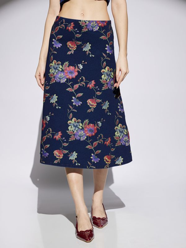 Globus Women Med Blue Floral Printed Mid Rise A-Line Midi Denim Skirt