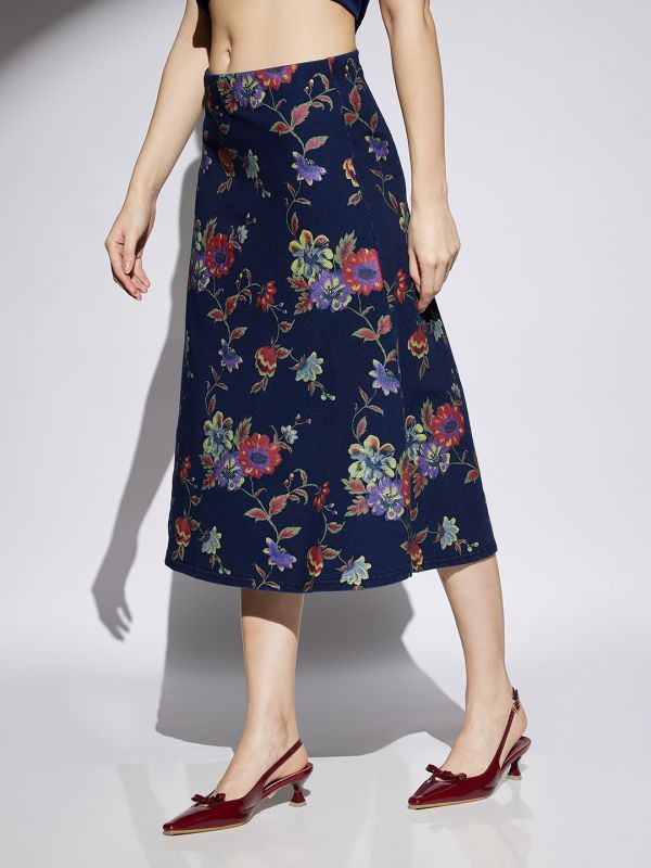 Globus Women Med Blue Floral Printed Mid Rise A-Line Midi Denim Skirt