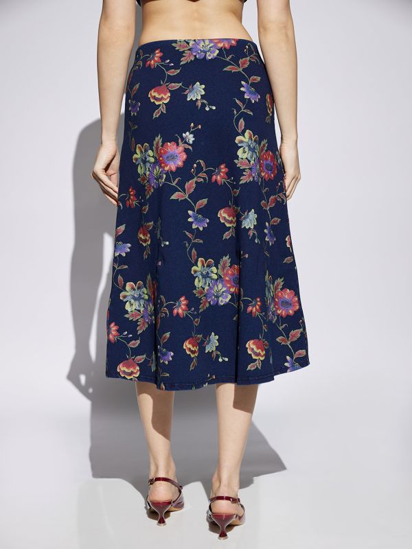Globus Women Med Blue Floral Printed Mid Rise A-Line Midi Denim Skirt