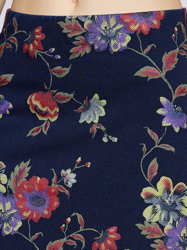 Globus Women Med Blue Floral Printed Mid Rise A-Line Midi Denim Skirt