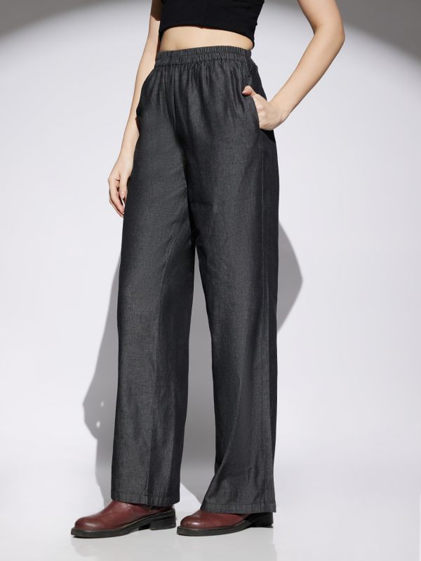 Globus Women Black Solid Denim Mid Rise Elasticated Waist Wide Leg Trousers
