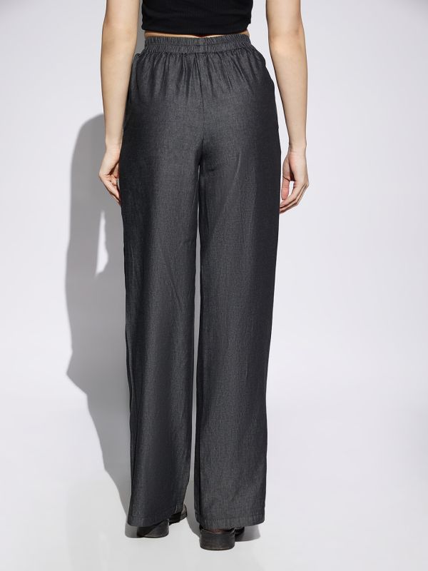 Globus Women Black Solid Denim Mid Rise Elasticated Waist Wide Leg Trousers
