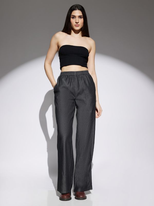 Globus Women Black Solid Denim Mid Rise Elasticated Waist Wide Leg Trousers