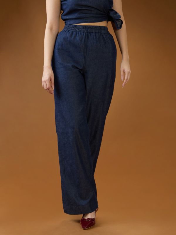 Globus Women Dark Blue Mid Rise Pleated Relaxed Fit Wide Leg Denim Trousers