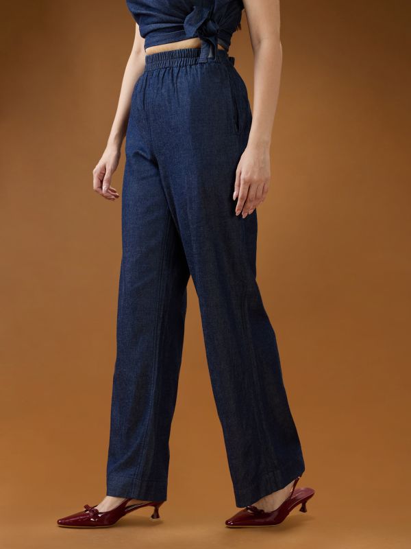 Globus Women Dark Blue Mid Rise Pleated Relaxed Fit Wide Leg Denim Trousers
