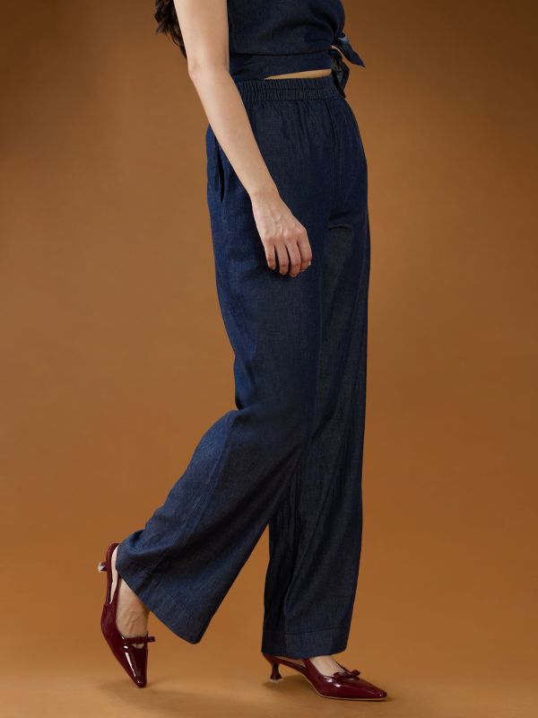 Globus Women Dark Blue Mid Rise Pleated Relaxed Fit Wide Leg Denim Trousers