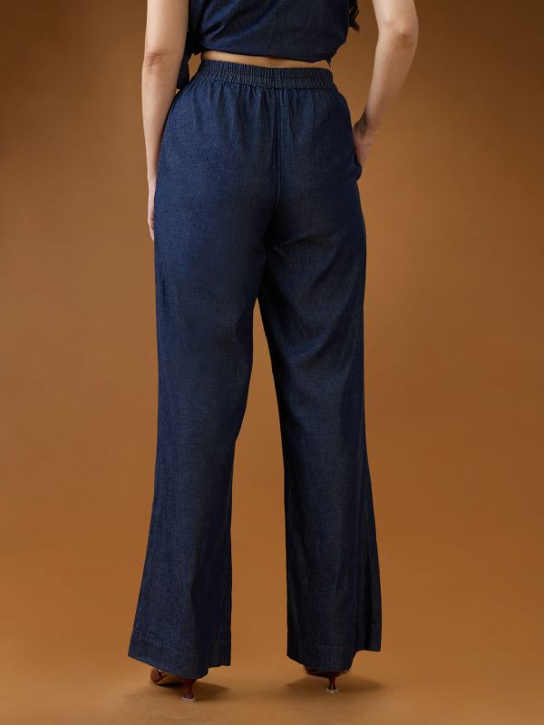 Globus Women Dark Blue Mid Rise Pleated Relaxed Fit Wide Leg Denim Trousers