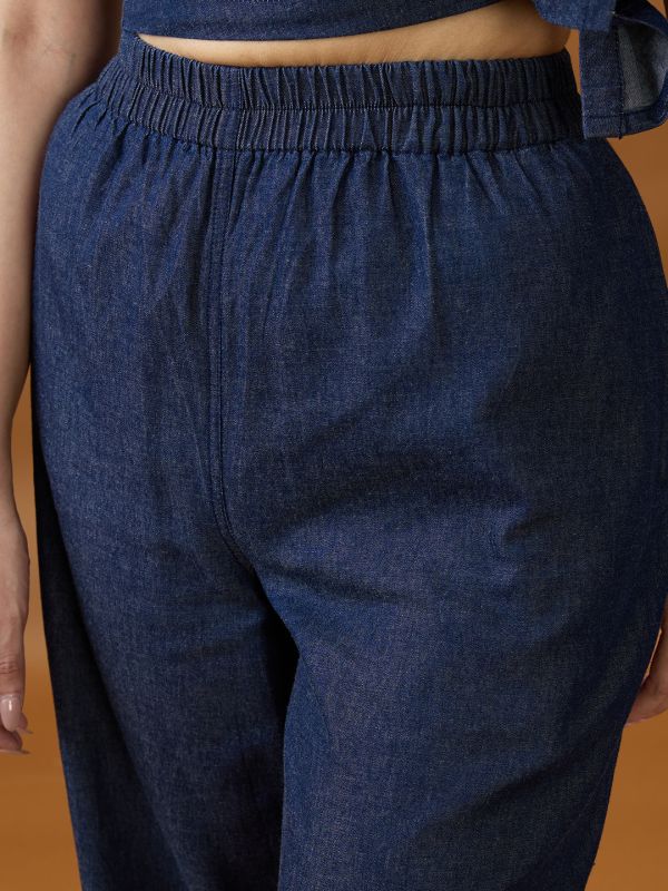 Globus Women Dark Blue Mid Rise Pleated Relaxed Fit Wide Leg Denim Trousers