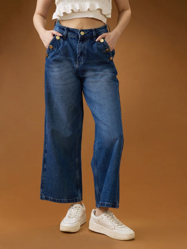 Globus Women Mid Blue Cotton Whiskers Effect Mid-Rise Wide Leg Denim Jeans