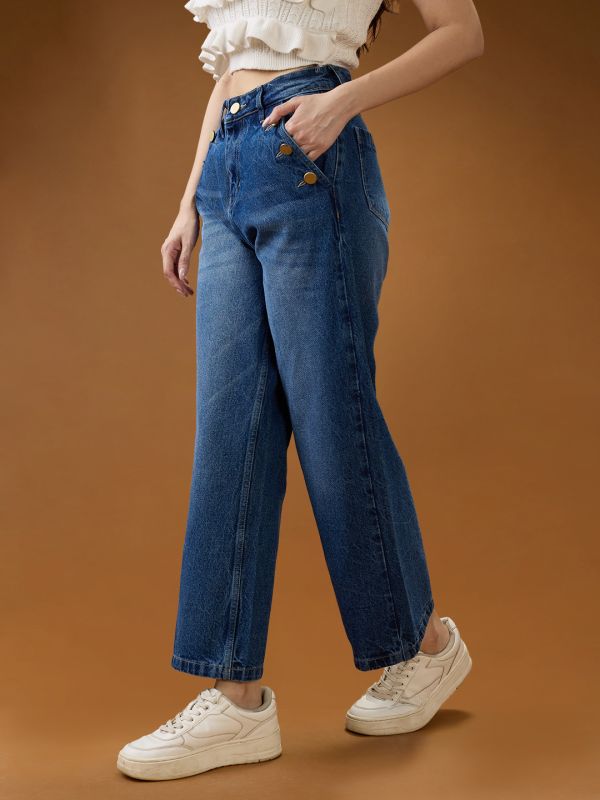 Globus Women Mid Blue Cotton Whiskers Effect Mid-Rise Wide Leg Denim Jeans
