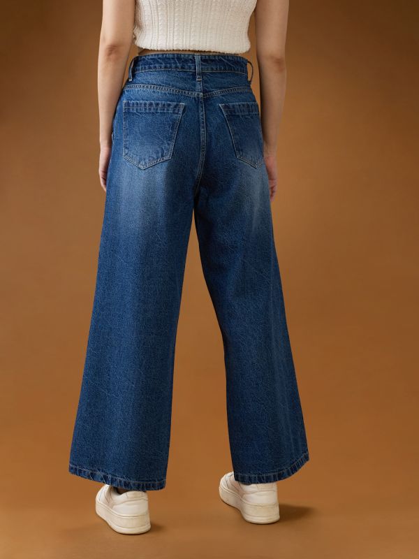 Globus Women Mid Blue Cotton Whiskers Effect Mid-Rise Wide Leg Denim Jeans
