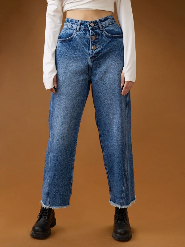 Globus Women Mid Blue Cotton High-Rise Light Fade Frayed Hem Wide Leg Denim Jeans