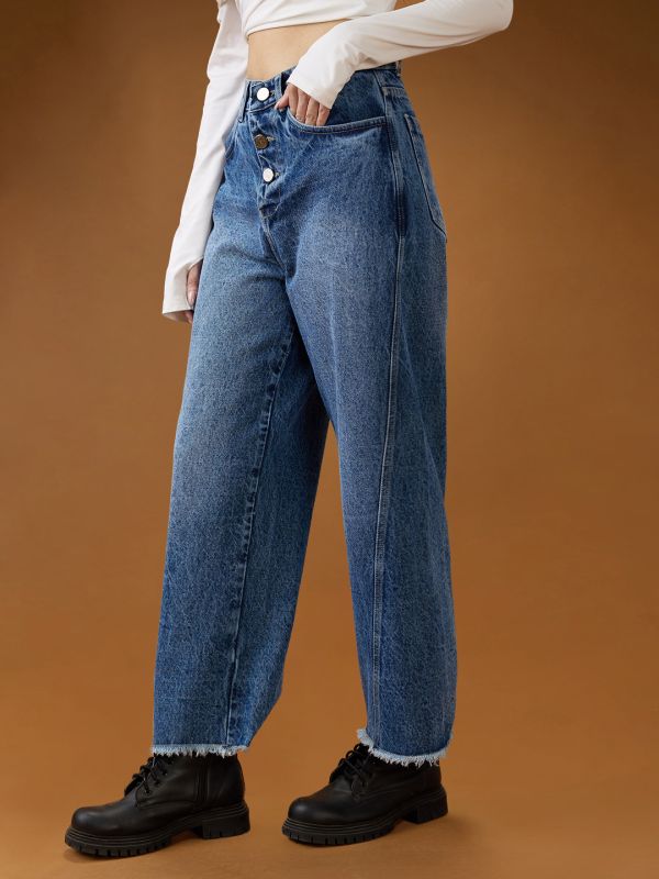 Globus Women Mid Blue Cotton High-Rise Light Fade Frayed Hem Wide Leg Denim Jeans