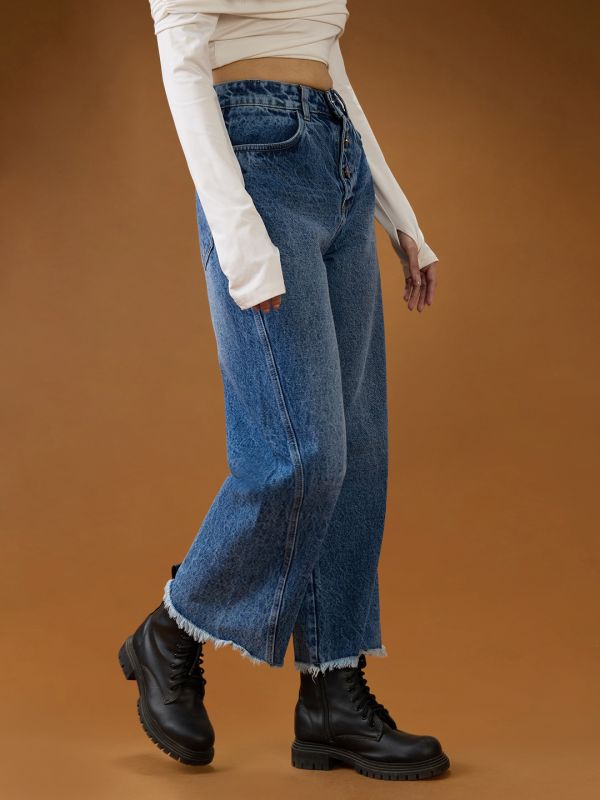 Globus Women Mid Blue Cotton High-Rise Light Fade Frayed Hem Wide Leg Denim Jeans