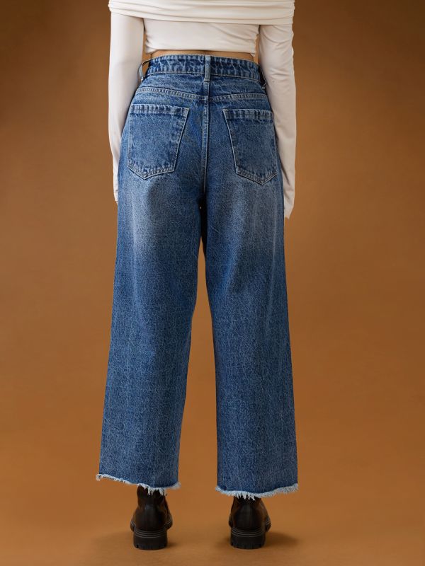 Globus Women Mid Blue Cotton High-Rise Light Fade Frayed Hem Wide Leg Denim Jeans