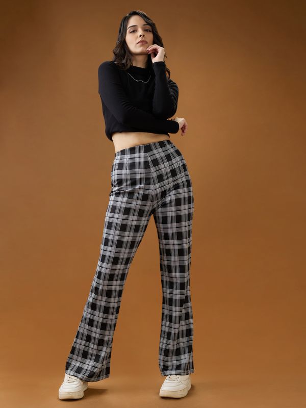 Globus Women Black Checkered Mid Rise Flared Trousers
