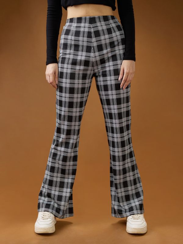 Globus Women Black Checkered Mid Rise Flared Trousers