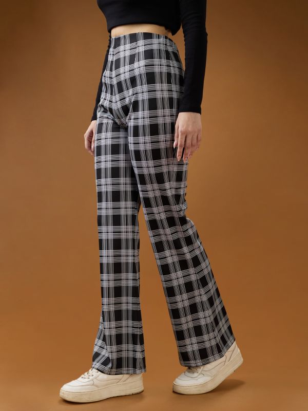 Globus Women Black Checkered Mid Rise Flared Trousers