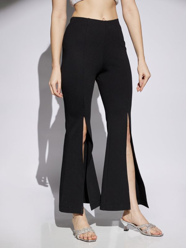 Globus Women Black Sheen Mid Rise Stretchable Front Slit Flared Fit Party Wear Trousers