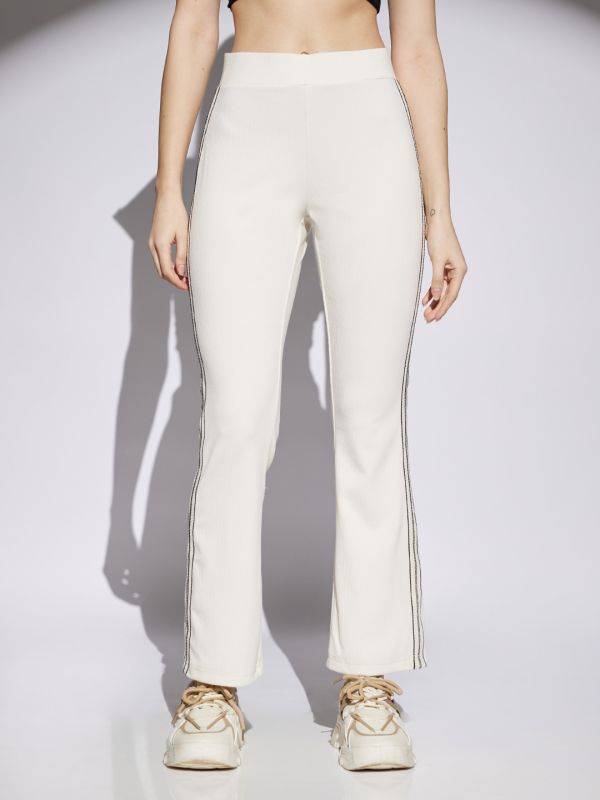 Globus Women Off White Side Striped Mid Rise Stretchable Ribbed Activewear Trousers