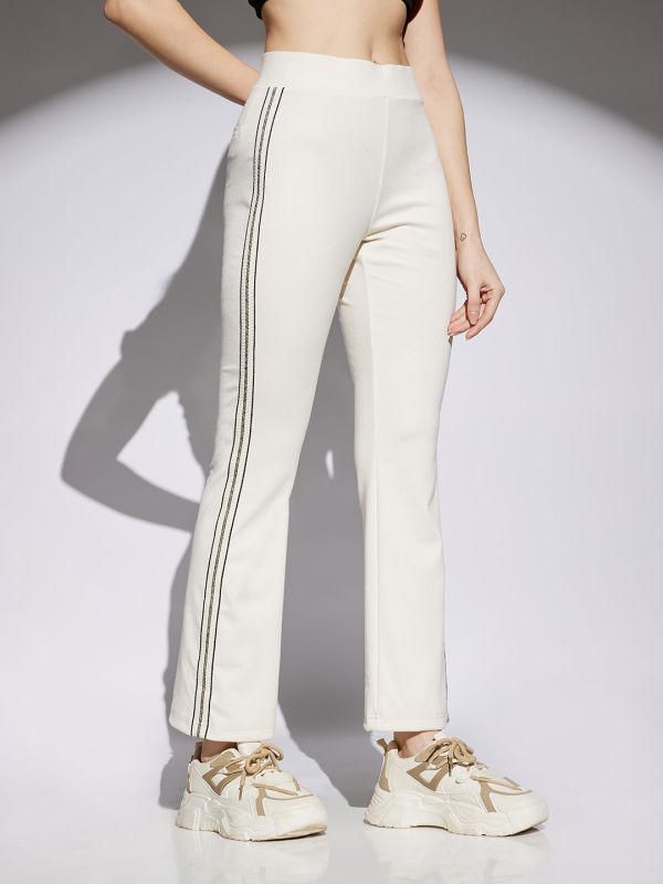 Globus Women Off White Side Striped Mid Rise Stretchable Ribbed Activewear Trousers