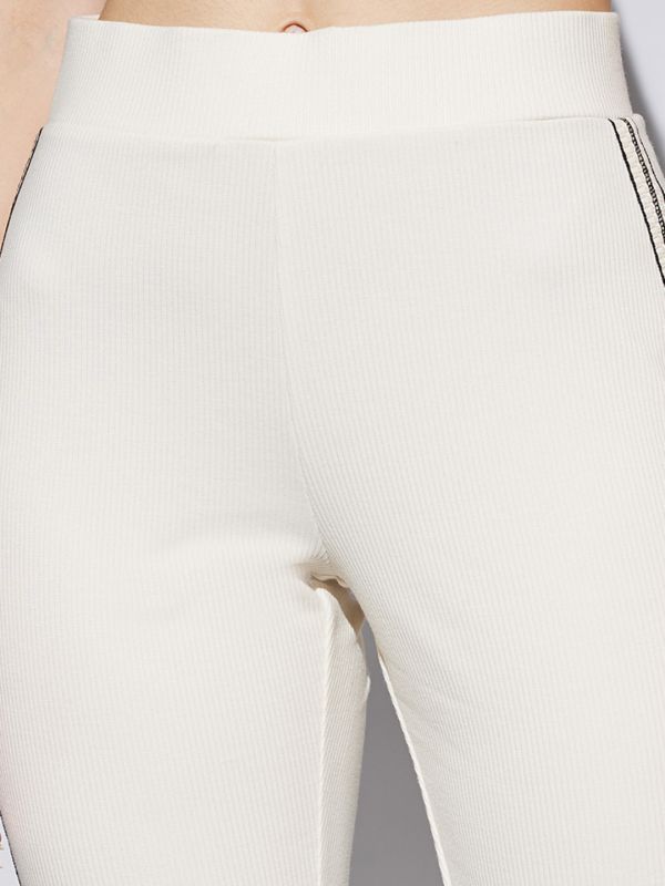 Globus Women Off White Side Striped Mid Rise Stretchable Ribbed Activewear Trousers