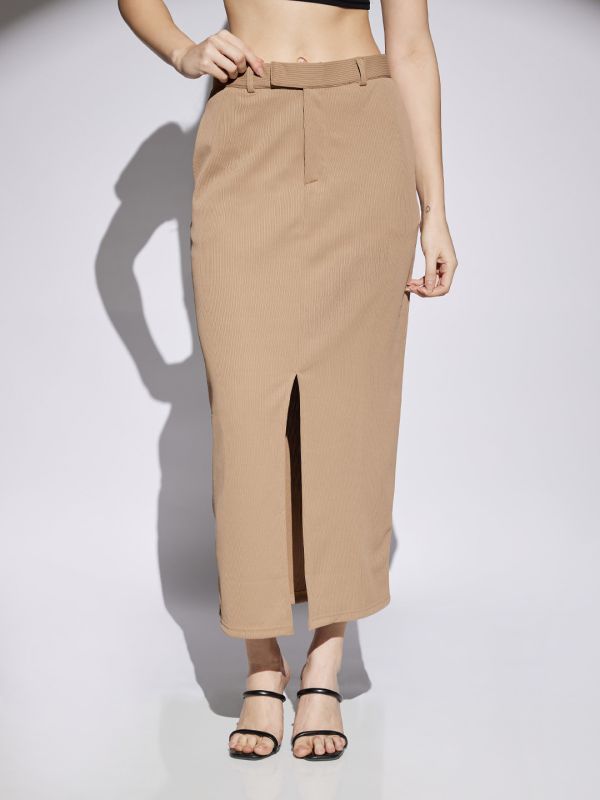 Globus Women Coffee Self Design Mid Rise Front Slit Side Pockets Belt Loops Pencil Midi Skirt