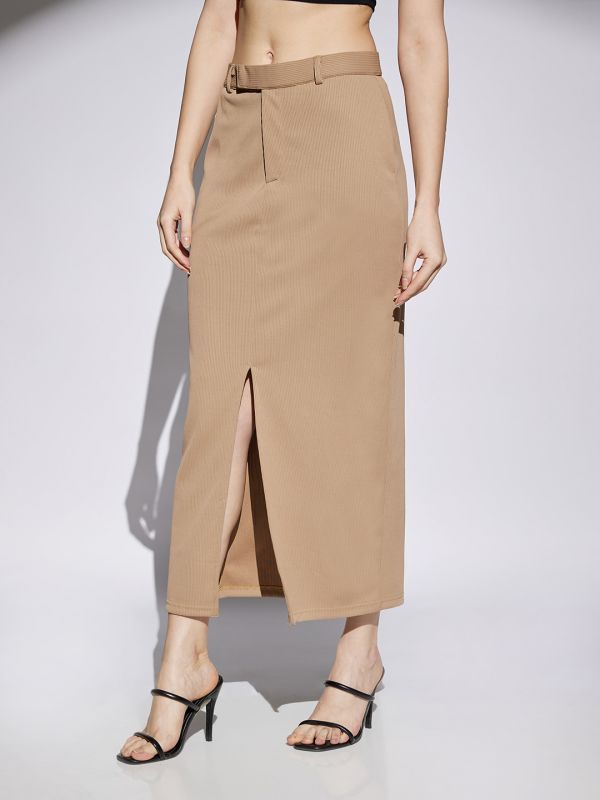 Globus Women Coffee Self Design Mid Rise Front Slit Side Pockets Belt Loops Pencil Midi Skirt