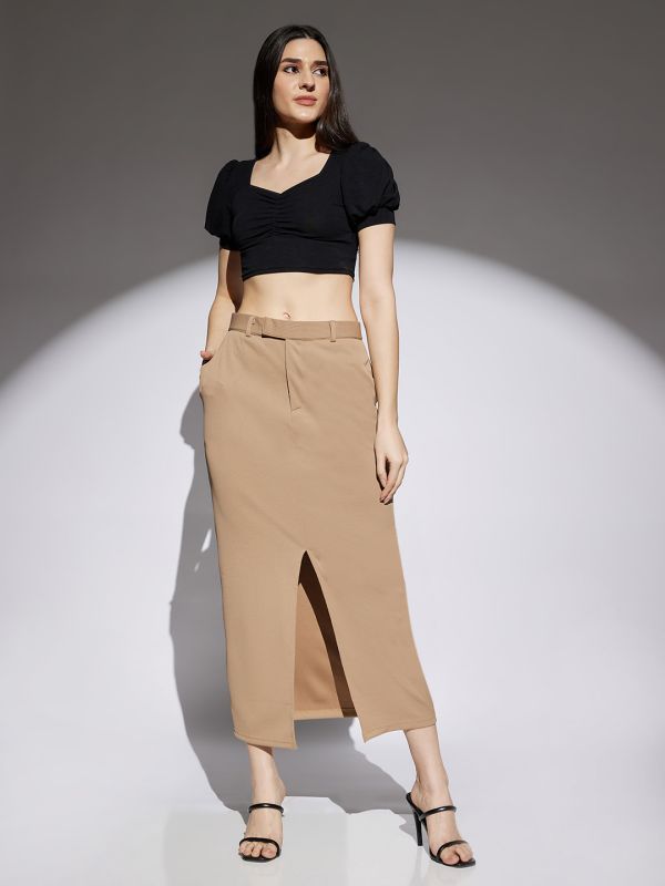 Globus Women Coffee Self Design Mid Rise Front Slit Side Pockets Belt Loops Pencil Midi Skirt