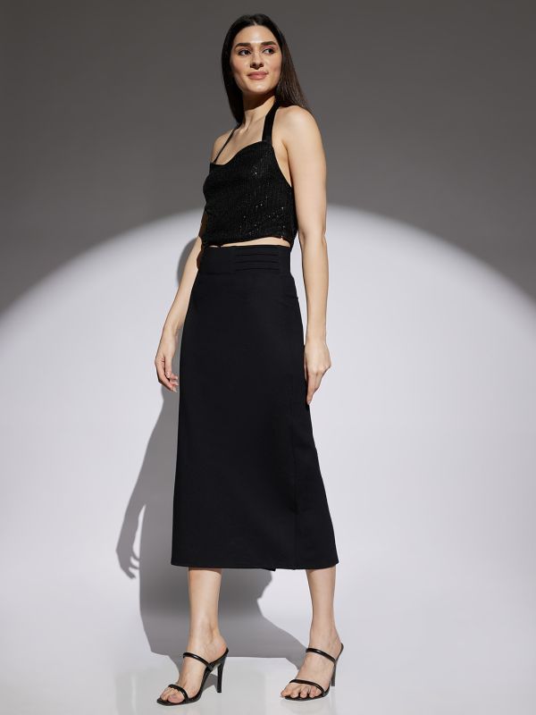 Globus Women Black Mid Rise Back Slit Stretchable Pencil Midi Skirt